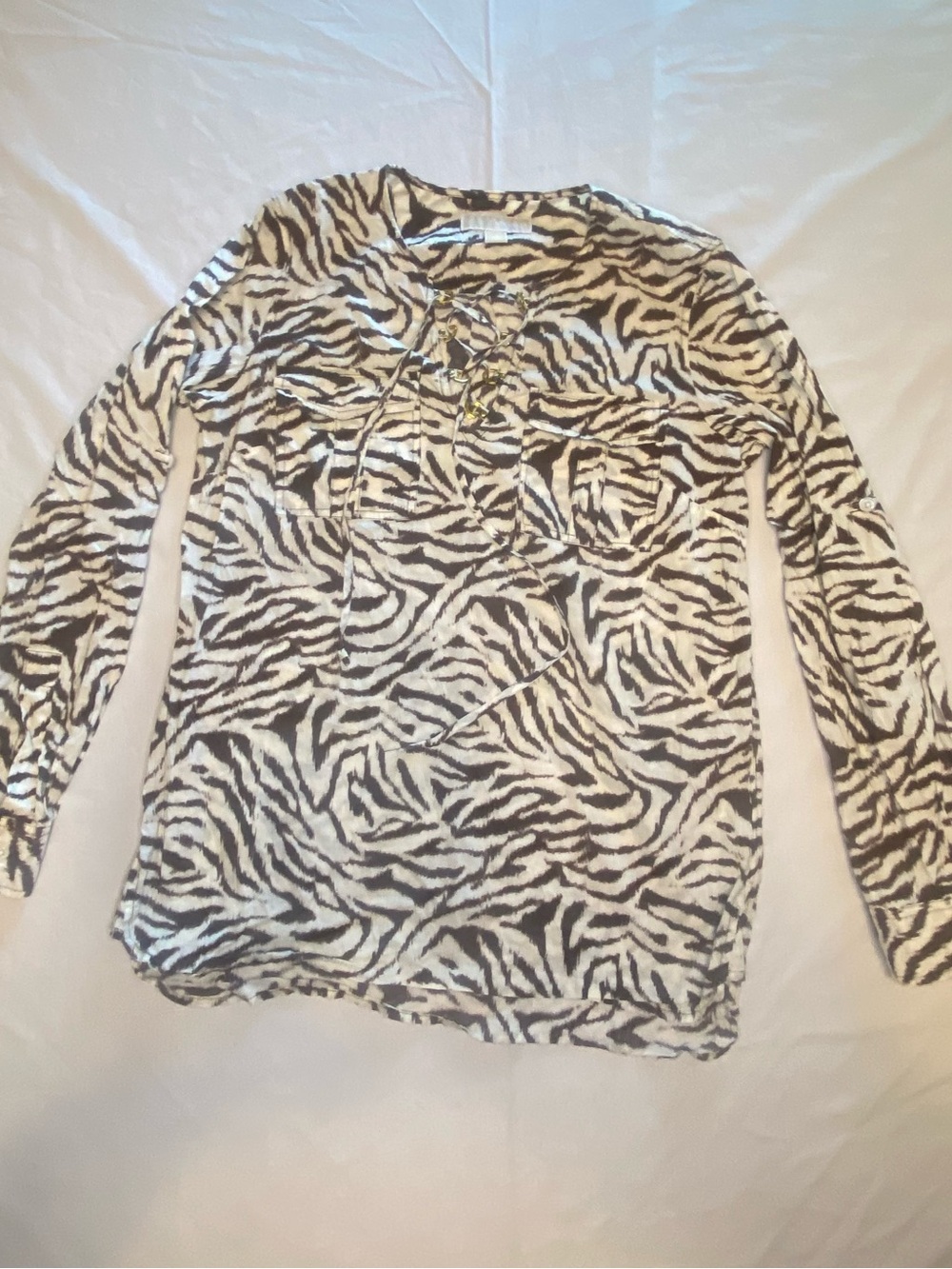 Michael Kors Size S Women's Zebra Print Cotton Logo Shirt Pockets Roll Sleeve